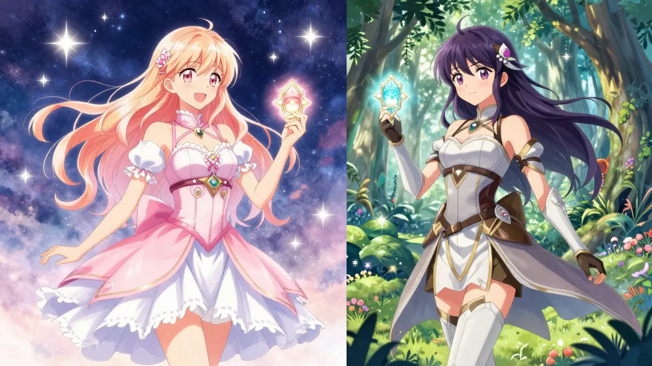 Female character holding a glowing badge across two different fantasy anime worlds