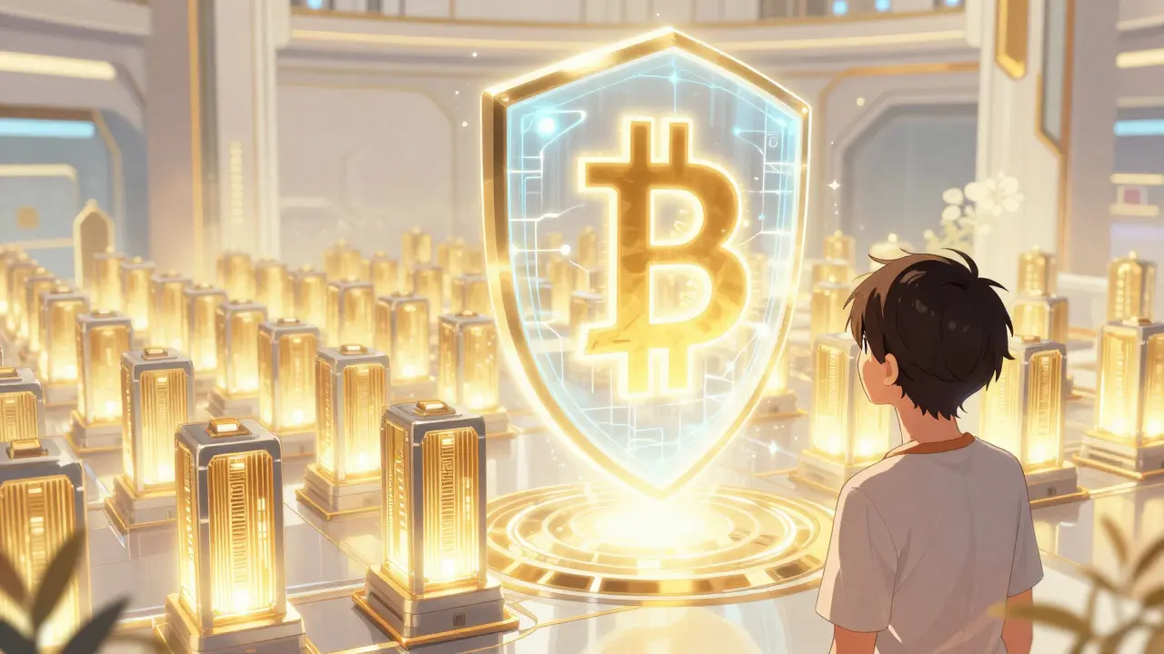 Futuristic mining machines creating a glowing golden shield around a Bitcoin symbol.