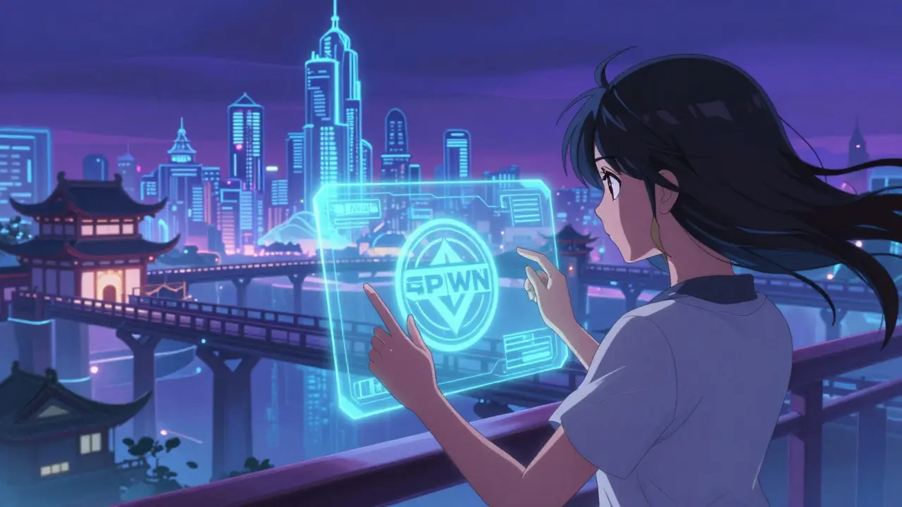 Gamer girl interacting with a holographic SPWN token bridge between esports and DeFi.