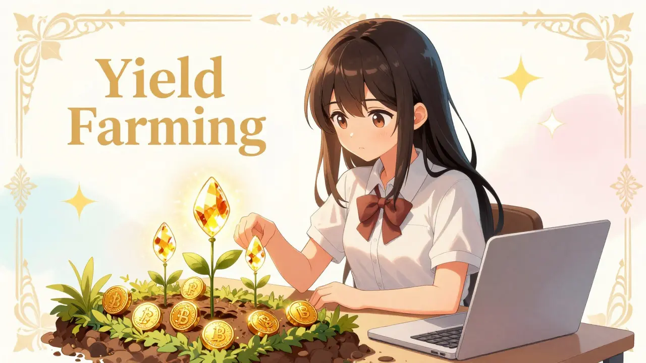 Girl planting glowing tokens in a digital garden to represent yield farming in shoujo manga style
