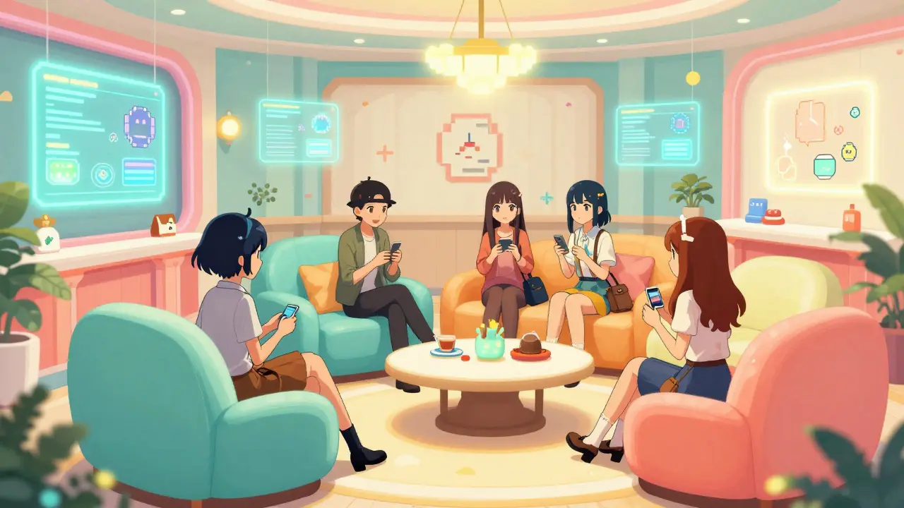 Group of anime friends hanging out in a colorful, pixel-art hotel room in shoujo manga style.