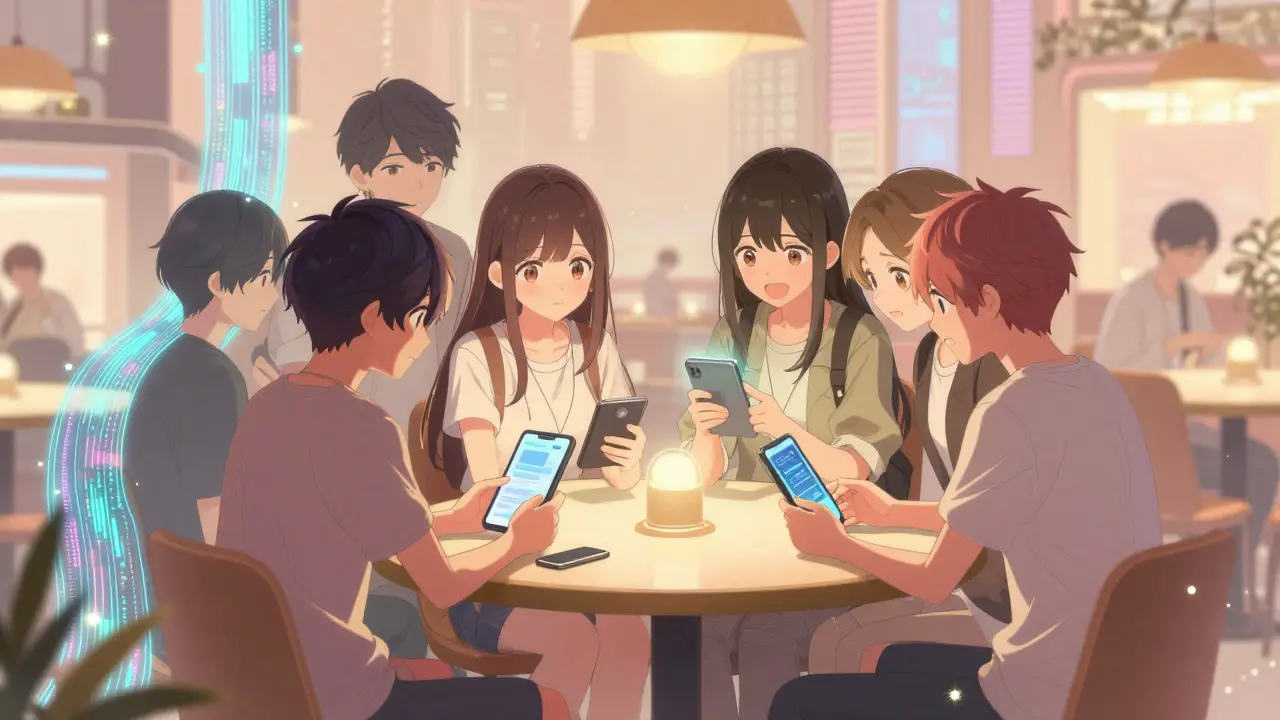 Group of youths using hidden devices in a cozy secret cafe, manga style