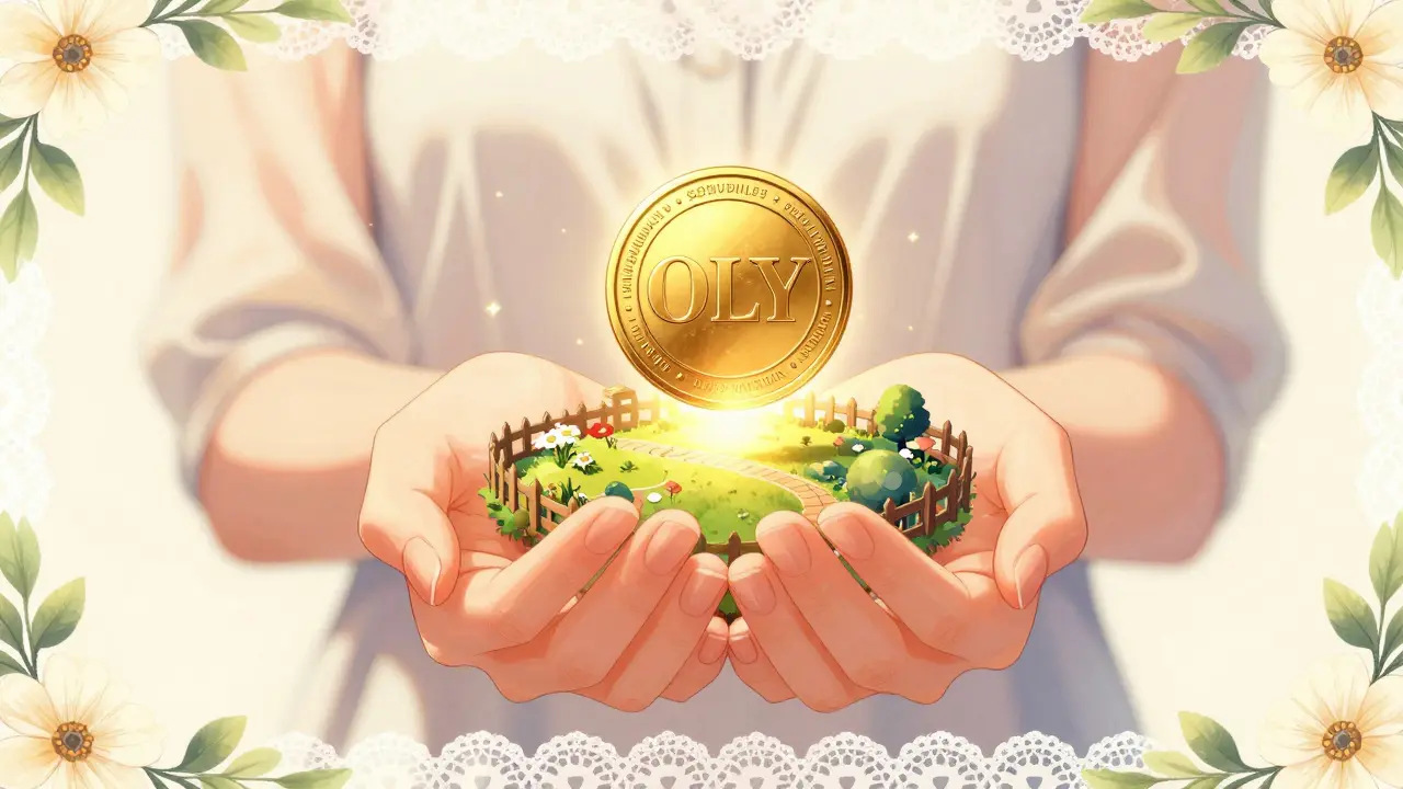 Hands holding a glowing golden OLY token that transforms into a small piece of land