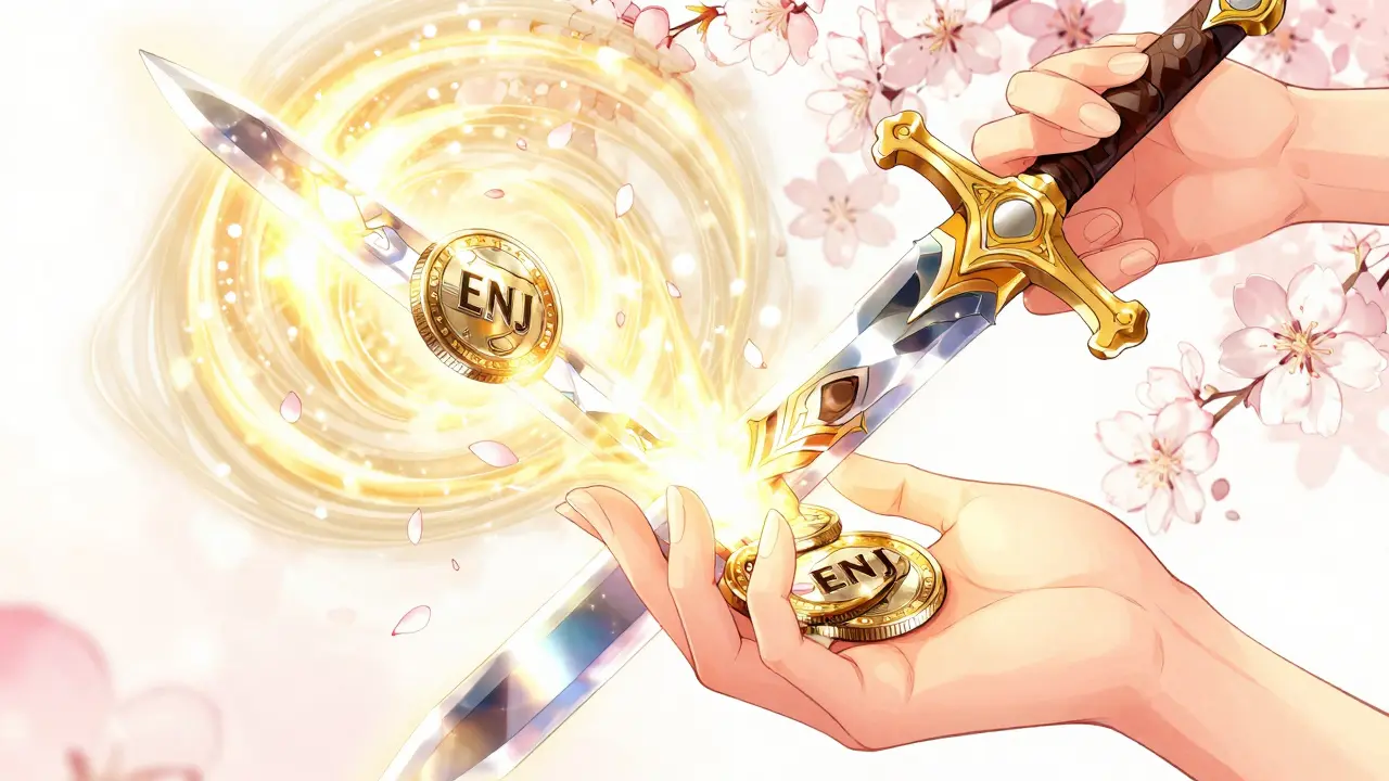Magic hand minting a crystalline sword from a glowing coin with flower petals