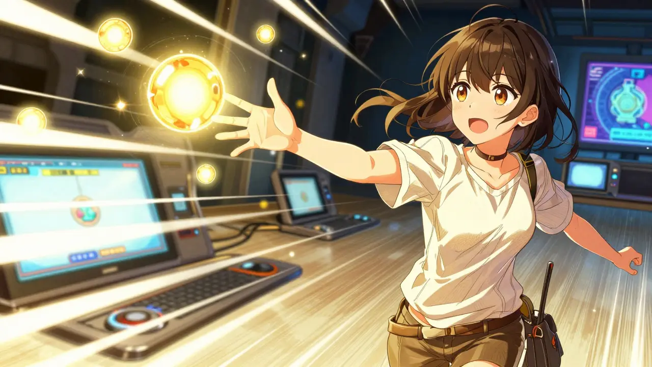 Manga character collecting glowing reward tokens in fantasy setting