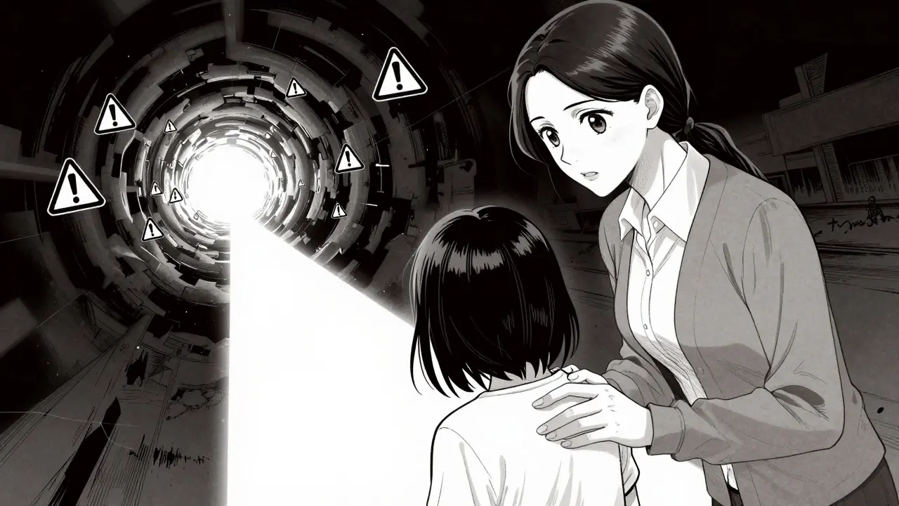 Mentor guiding a girl away from a dark digital vortex to represent scam prevention in shoujo manga style