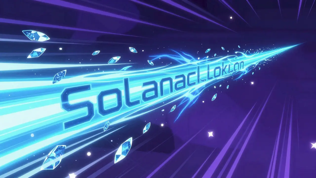 Neon blue digital stream representing high-speed Solana blockchain in shoujo manga style