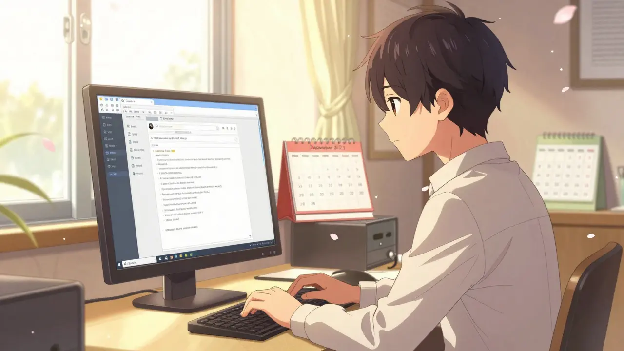 Shoujo manga character working on a computer in a sunlit room, recalling December 2021.