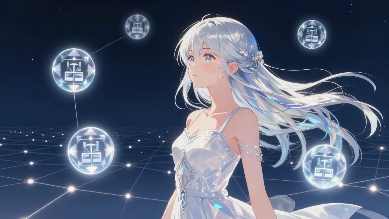 Shoujo manga depiction of a serene AI entity surrounded by cryptographic verification seals