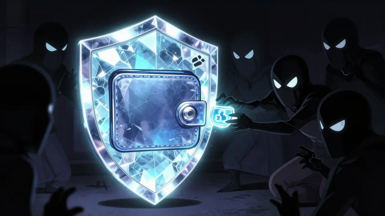 Shoujo manga illustration of a glowing crystalline shield protecting a digital wallet from shadows.