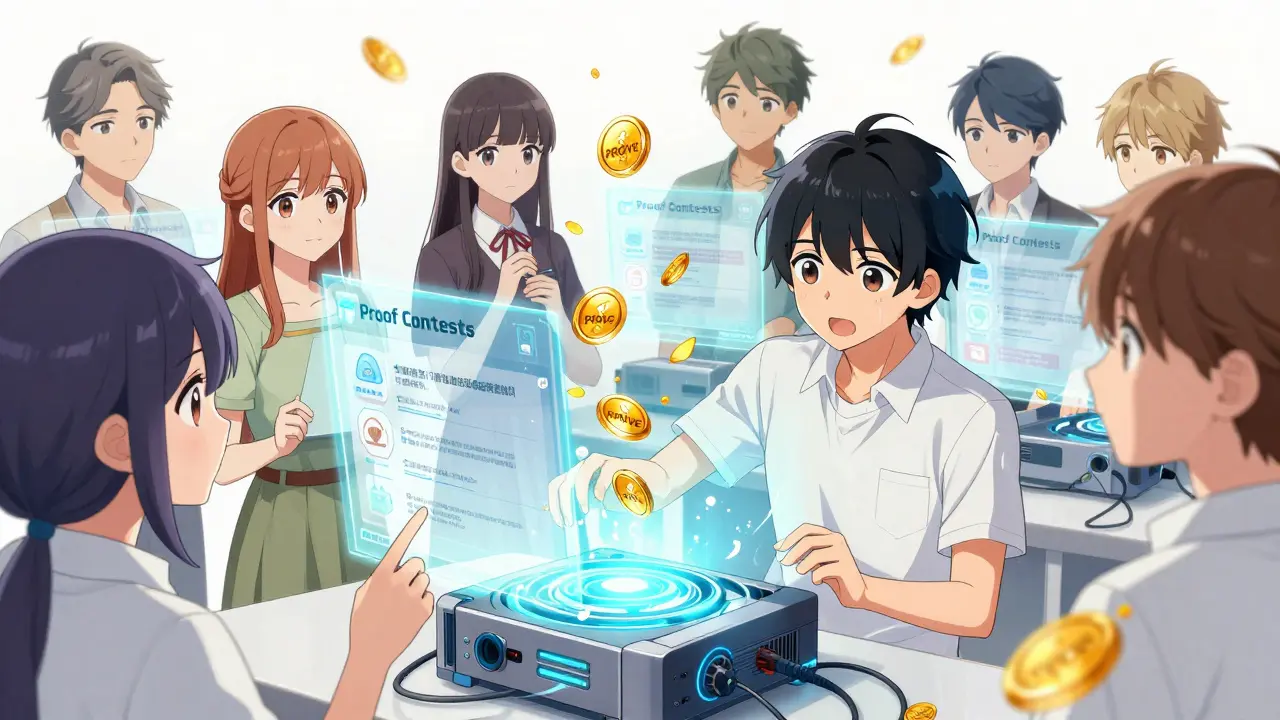 Shoujo manga illustration of provers and requesters exchanging PROVE tokens in a network