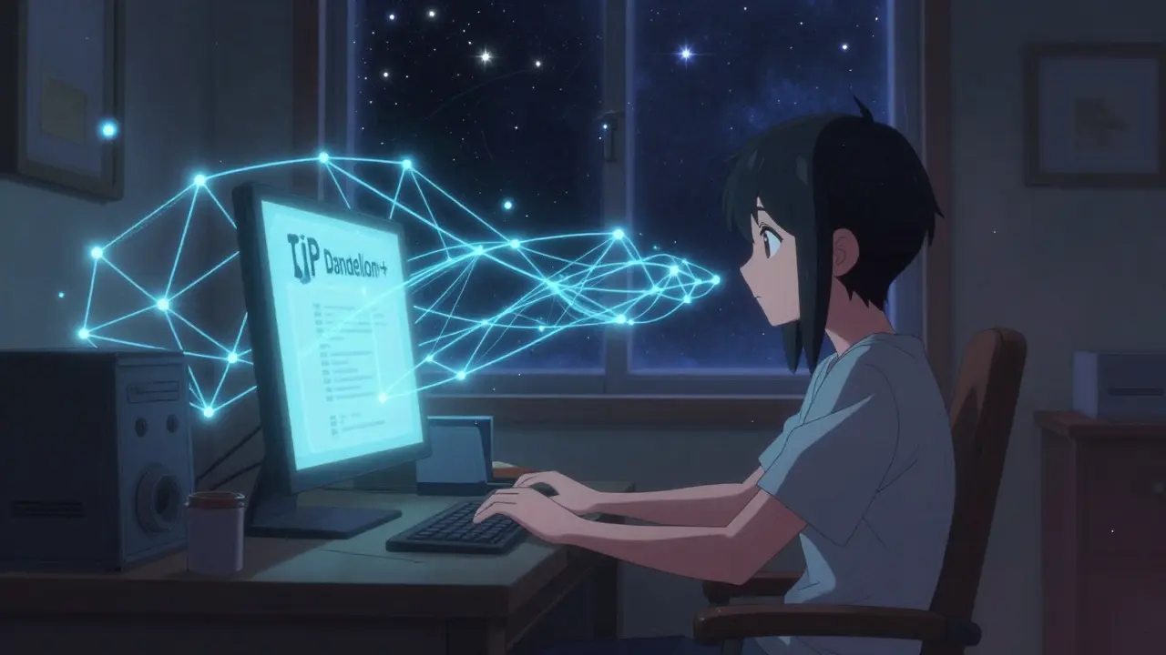 Shoujo manga scene of a person using a computer with glowing blue lines fading into a starry sky.