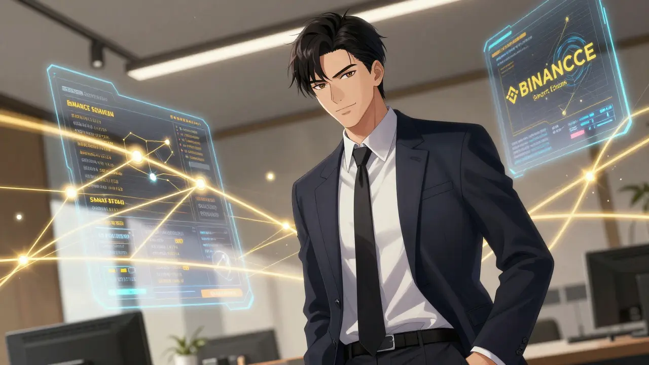 Sophisticated man with holographic blockchain networks and golden data screens in manga style.