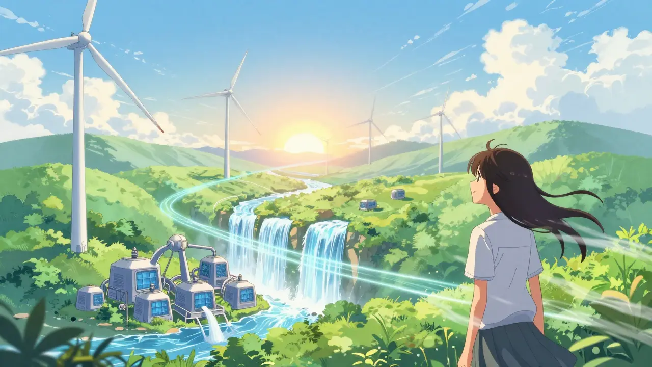 Sustainable mining farm with wind turbines and waterfalls under a bright sunrise.