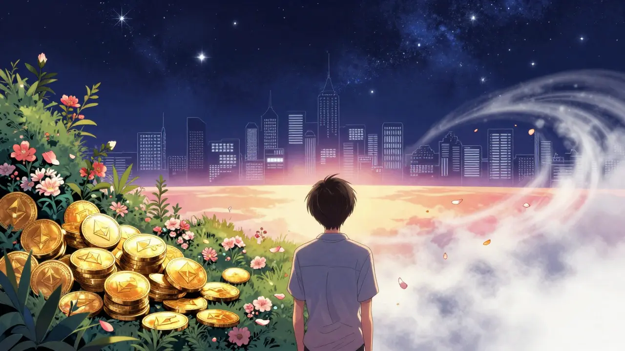 Thoughtful character overlooking a digital landscape of rewards and risks