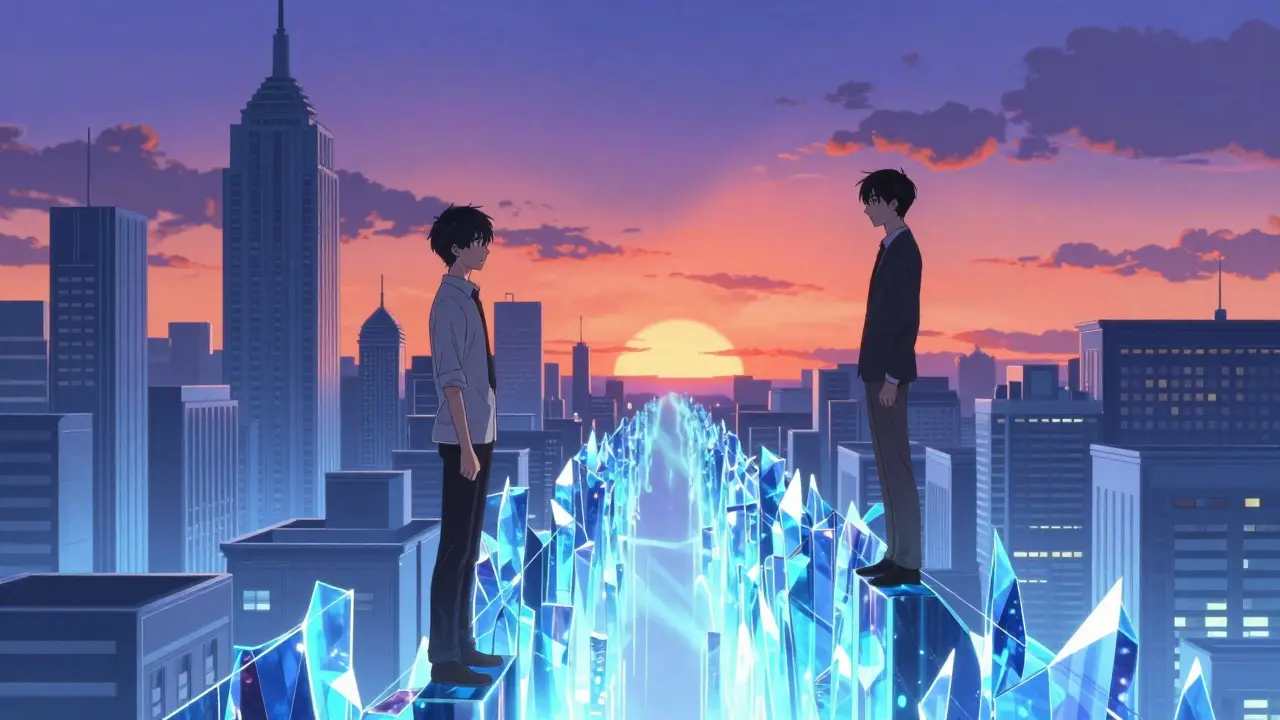 Two different cityscapes separated by a crystalline energy wall under a purple sunset