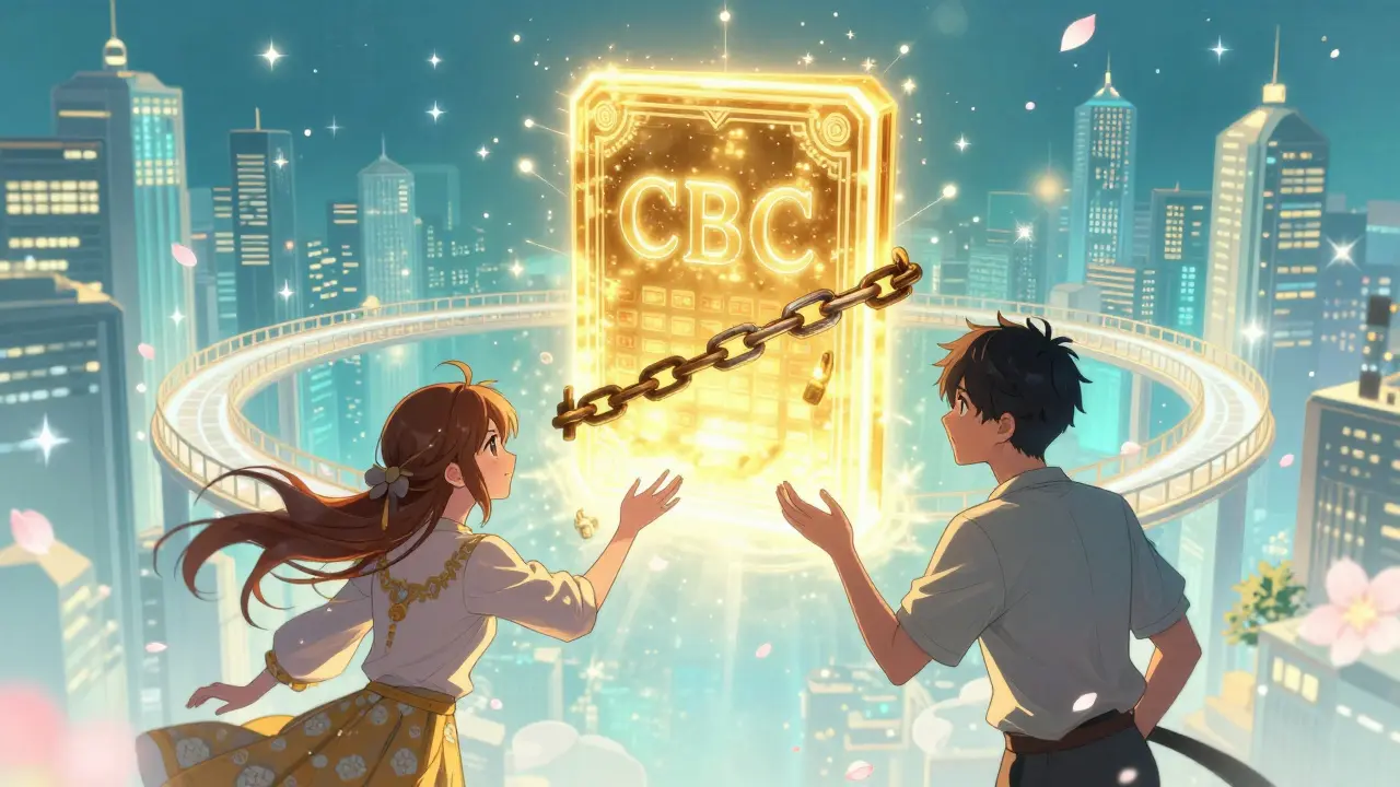 Two people connecting through a glowing golden digital ledger over a futuristic bridge