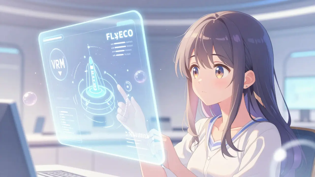 Young woman analyzing the FLyECO ecosystem on a holographic screen in shoujo style