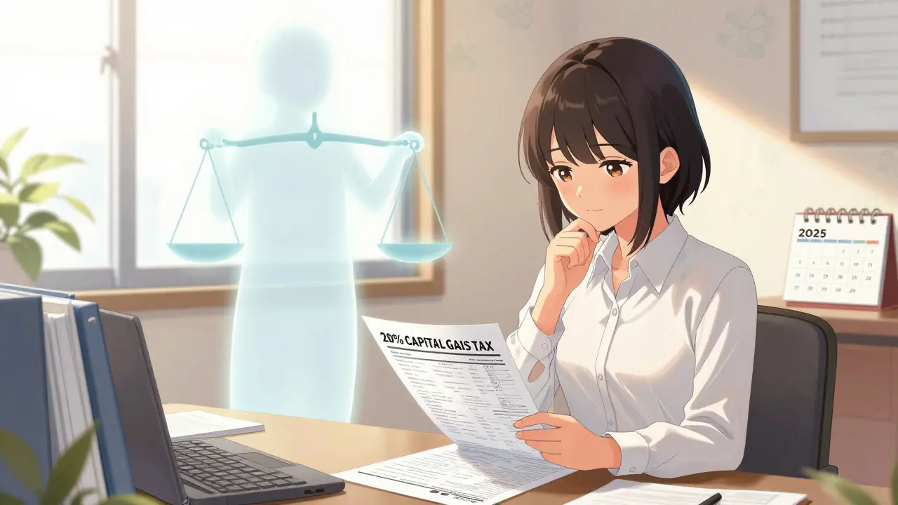 Accountant reviewing crypto tax docs with a symbolic tax figure in sunlight