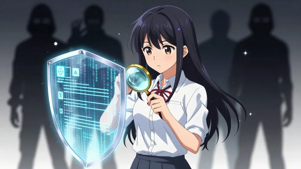 An anime heroine protected by a security shield against crypto scammers.