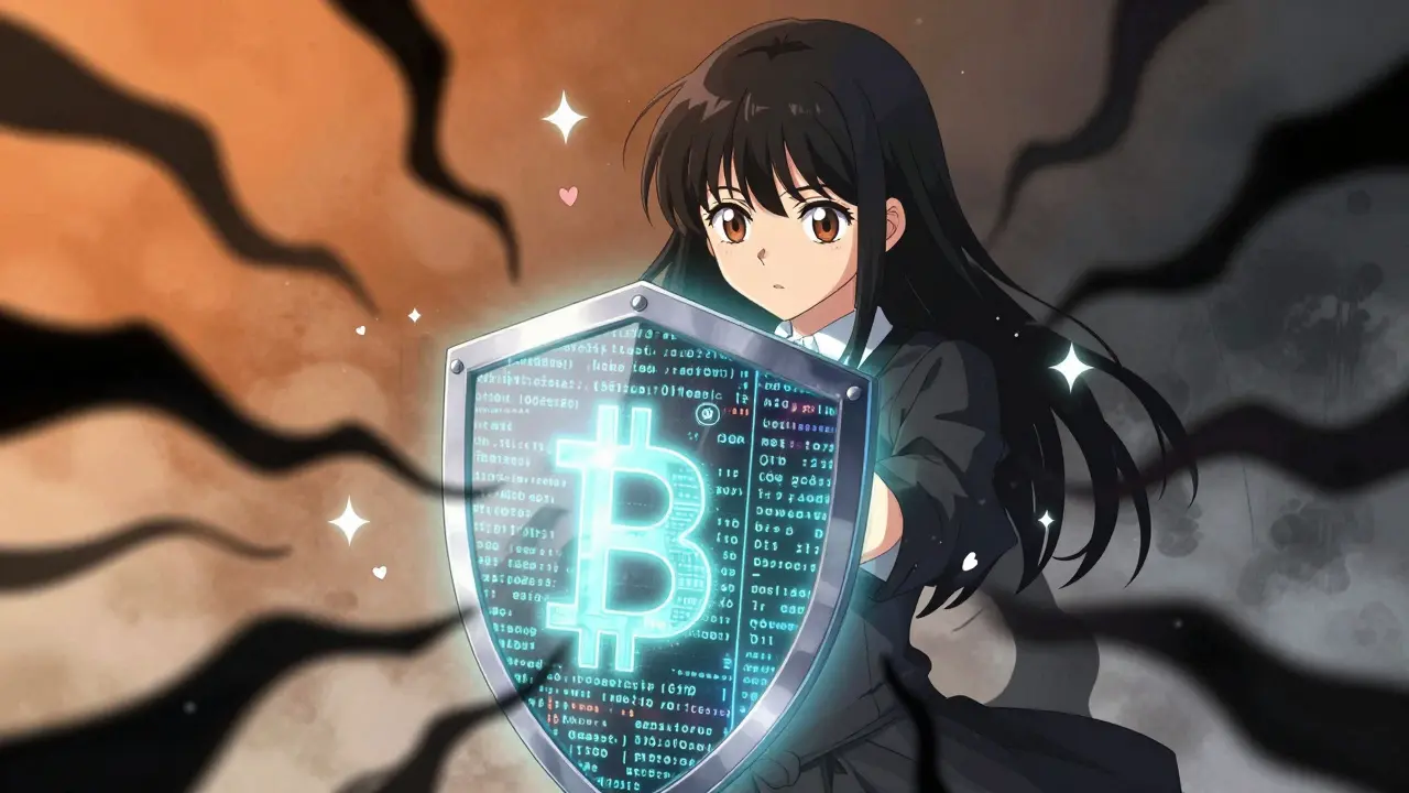 Anime character blocking scam shadows with shield