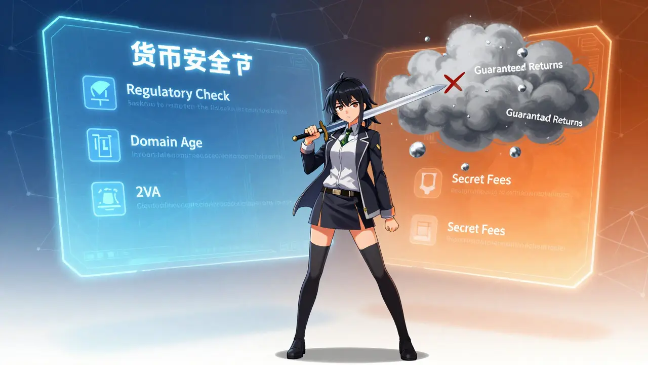 Anime character checking safety icons against scam warnings in a bright room