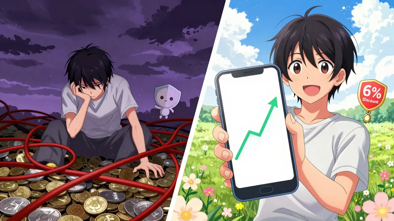 Anime character comparing trading stress vs easy profits