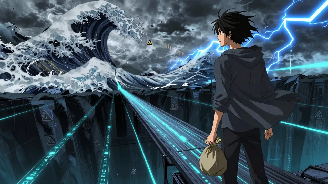 Anime character standing on a risky bridge over a dark void