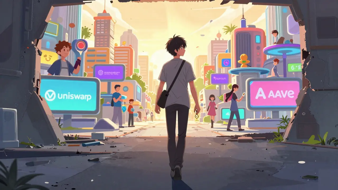 Anime girl walking toward a vibrant, busy crypto cityscape