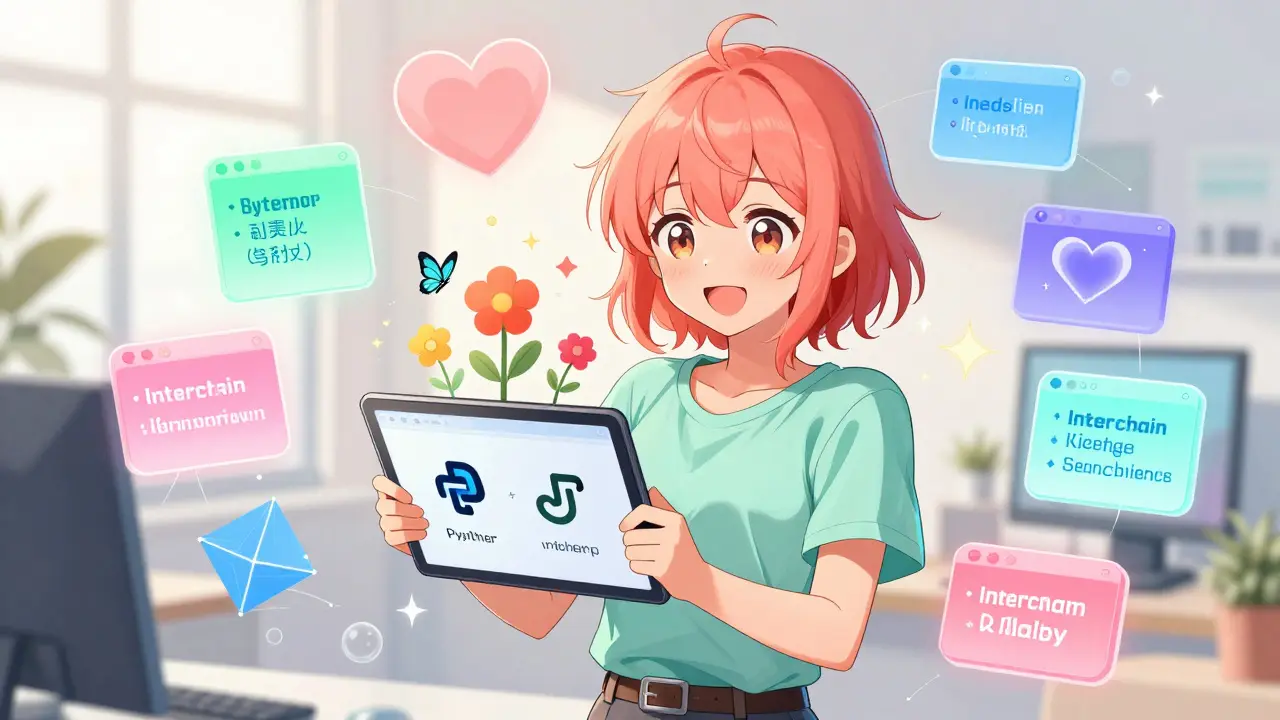 Cheerful anime developer surrounded by floating code blocks turning into flowers
