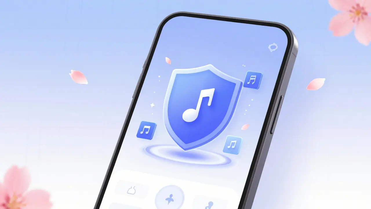 Chibi blockchain interface protecting a musical note icon with cherry blossoms