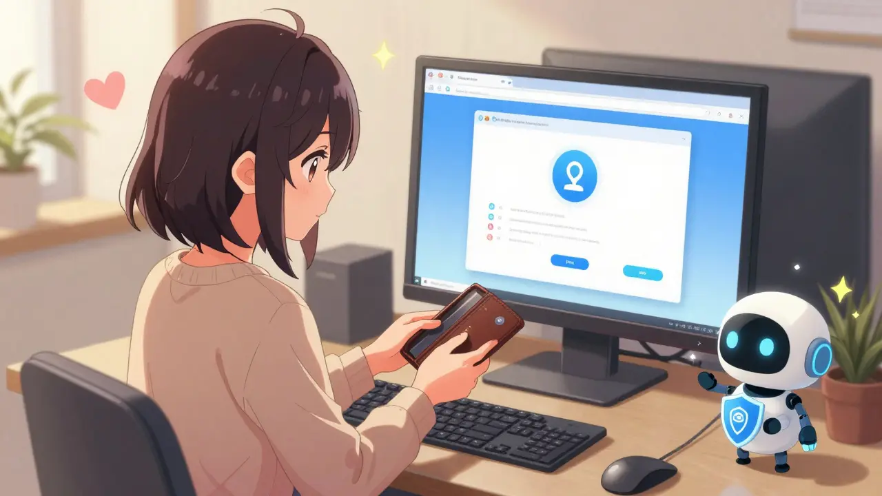 Cute anime character securing crypto wallet safely