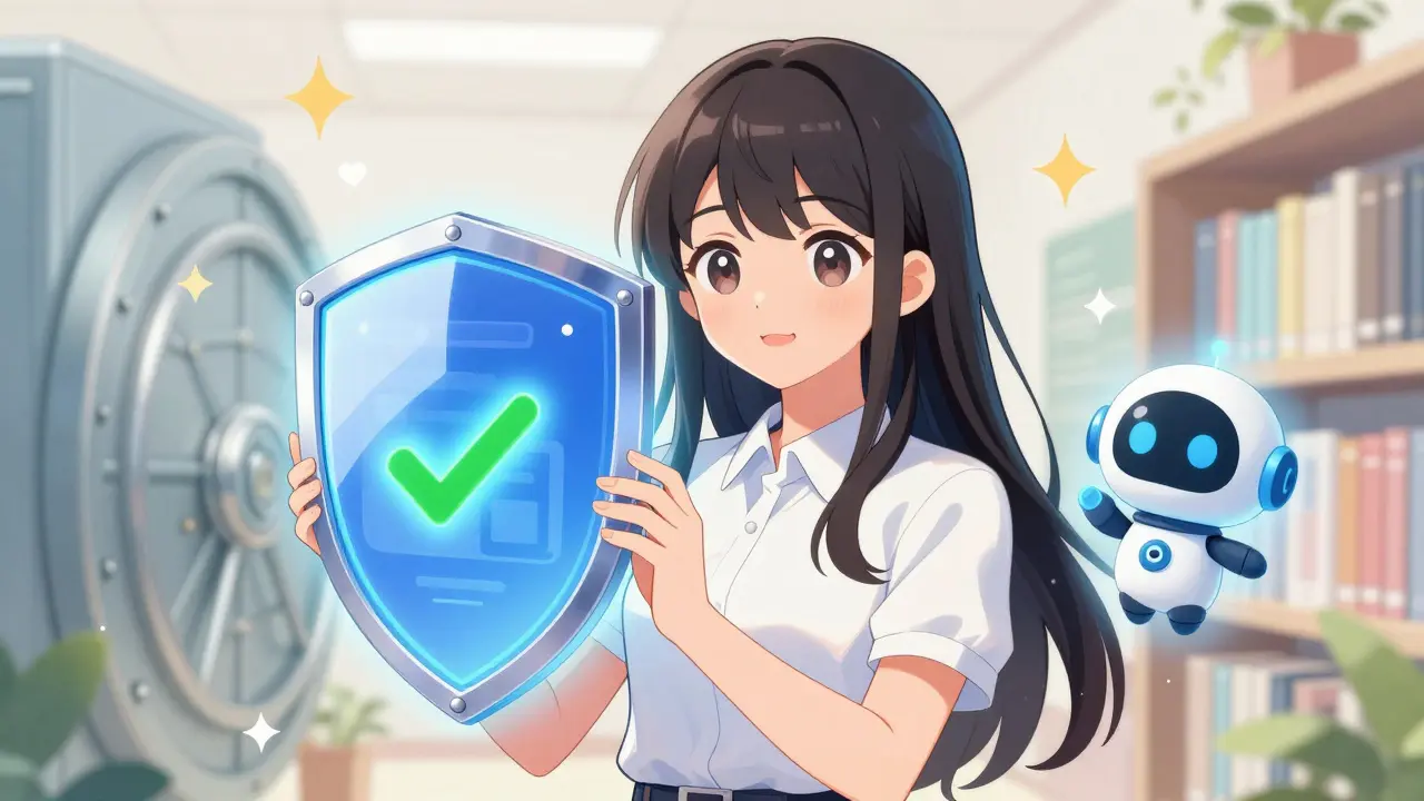 Cute anime girl protecting digital assets with a shield and hardware wallet