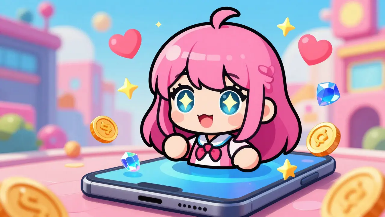 Cute chibi avatar popping out of a phone into a colorful game world