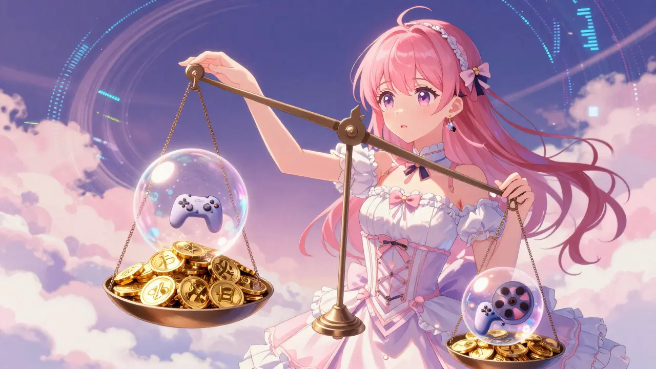 Elegant anime girl holding a scale balancing tokens and gaming items