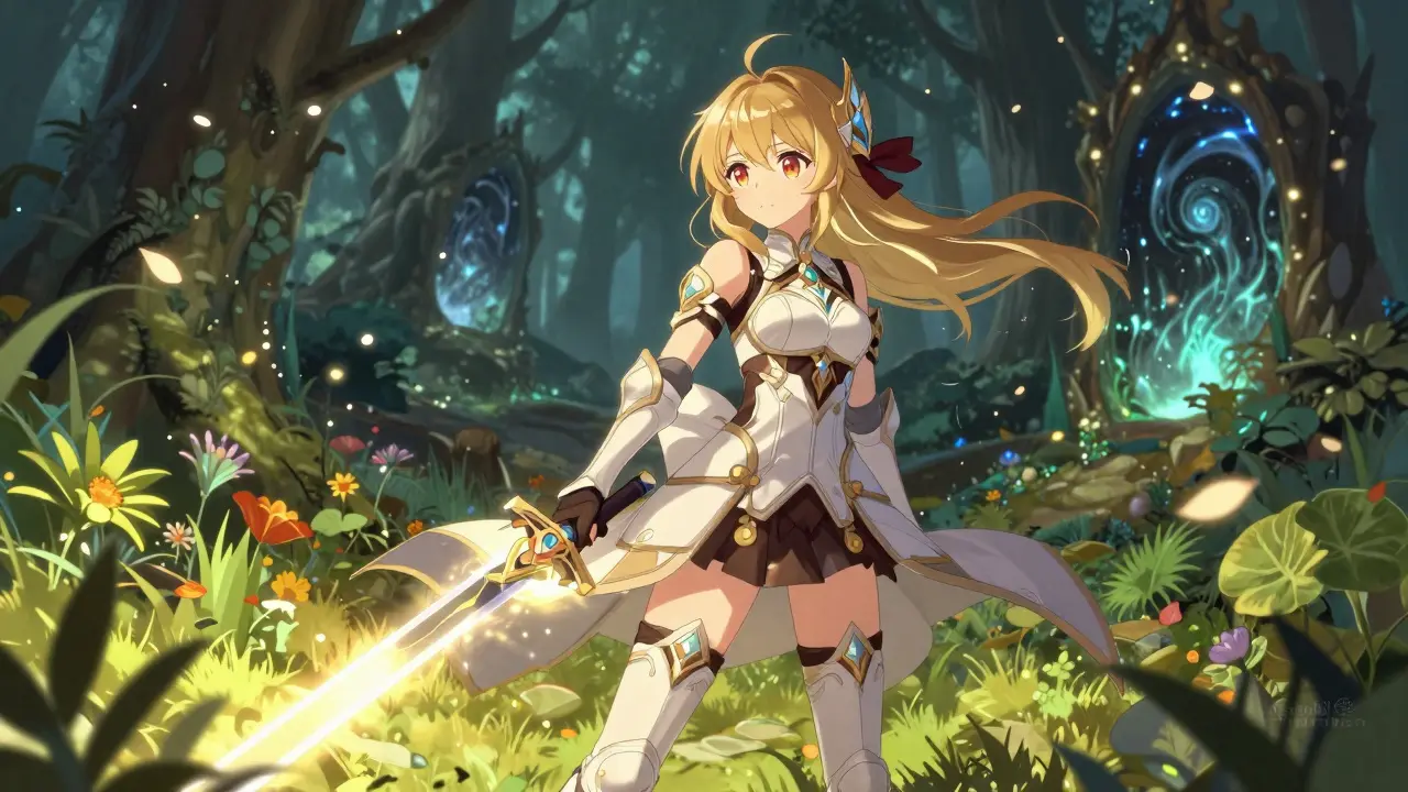 Fantasy warrior girl with a glowing sword standing in a magical forest clearing.