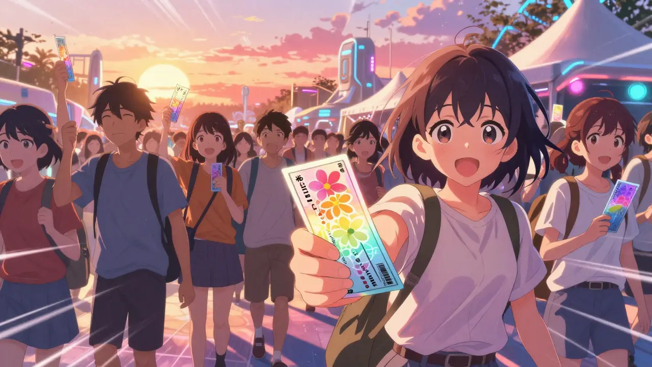 Festival crowd with fans holding evolving, colorful NFT tickets in anime style