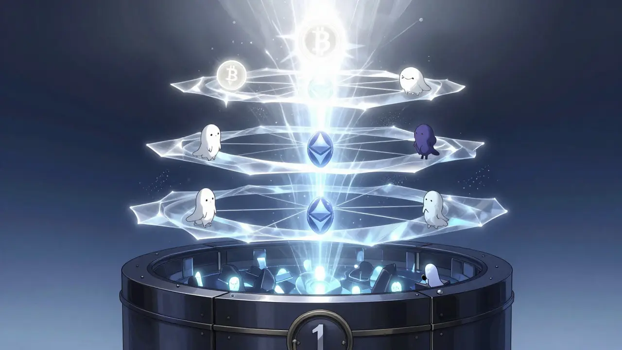 Five-layered magical blockchain structure showing private data and public validation