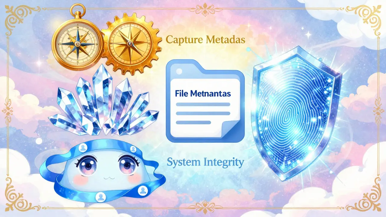 Four layers of video metadata depicted as magical spirits around a file icon