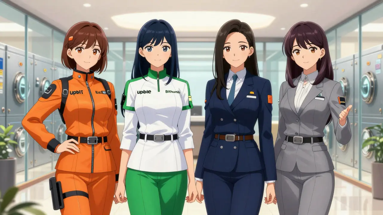 Four personified exchanges standing confidently in a bright, secure lobby