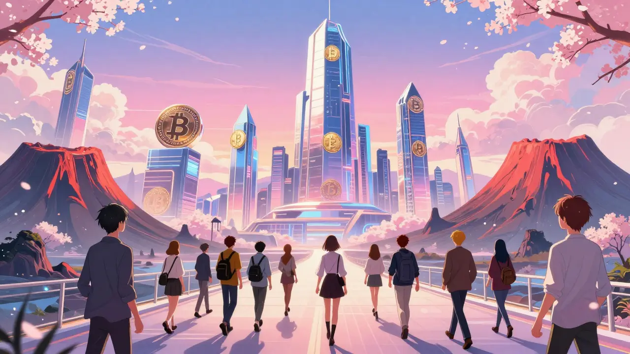 Futuristic Bitcoin City skyline with hopeful entrepreneurs