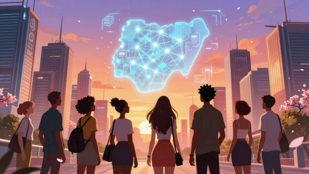 Futuristic Nigerian fintech cityscape with hopeful professionals