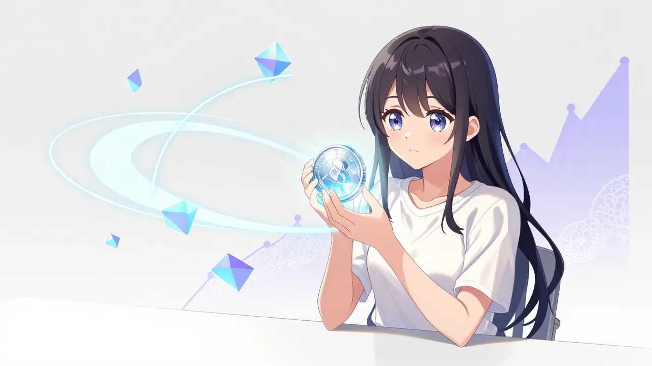 Girl holding a glowing crystal coin surrounded by abstract light ribbons and shapes.