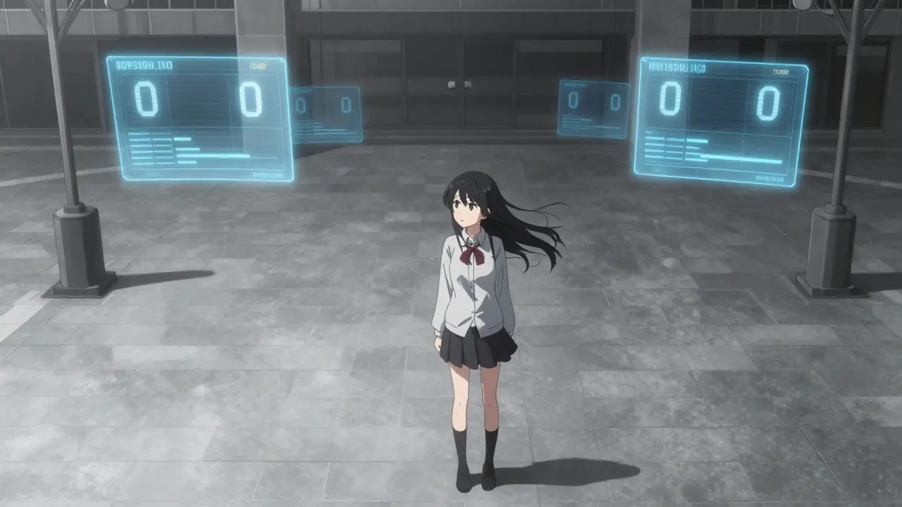 Lonely anime girl in an empty, grey digital plaza with zero data