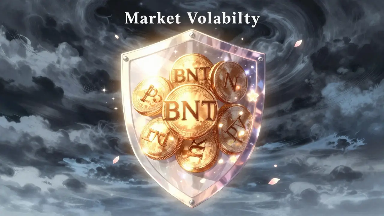 Magical shield protecting crypto assets from market volatility storms
