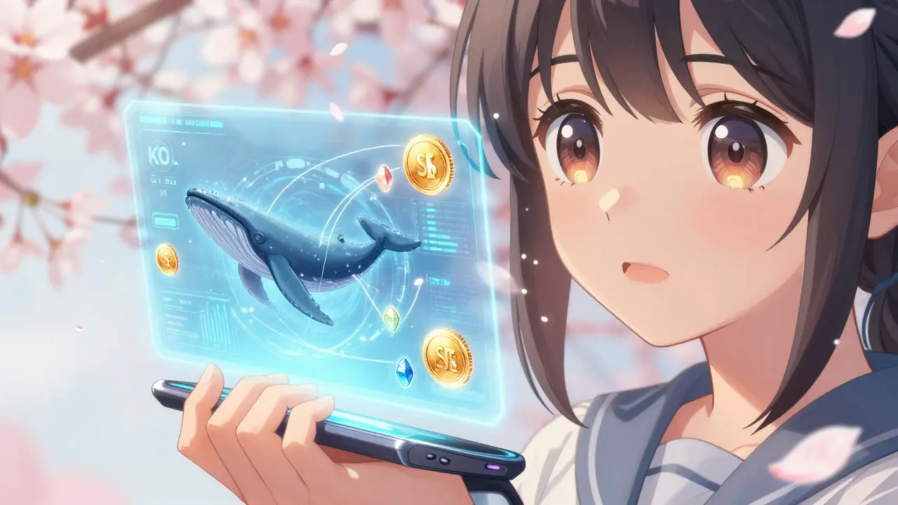 Manga character analyzing crypto data on a holographic wrist device