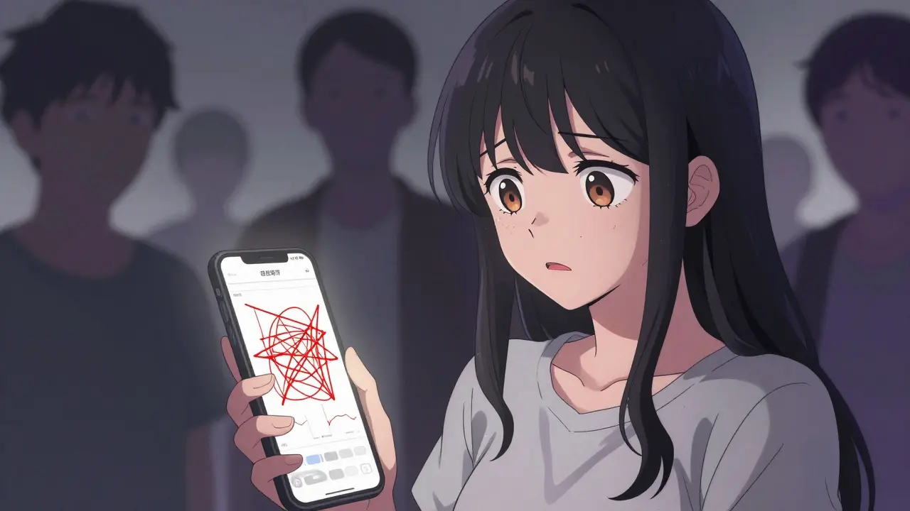 Manga character looking worried at tangled red lines on phone screen
