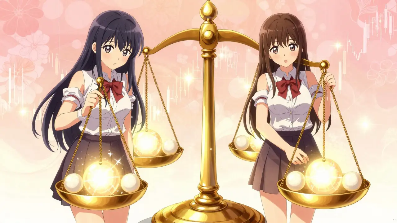 Manga characters placing orbs into precise slots on a golden scale