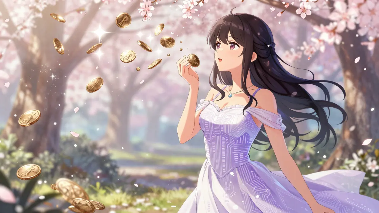 Manga girl blowing tokens away as they turn into sparkles