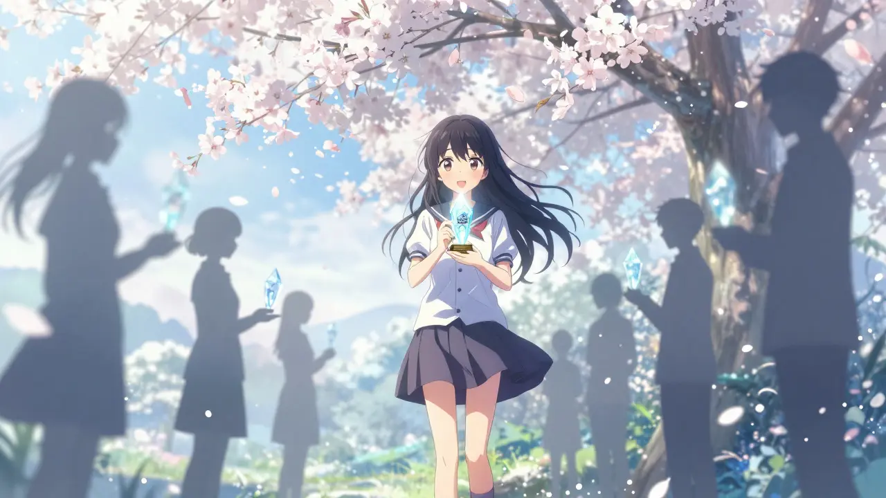 Manga girl holding glowing MPAD token in garden
